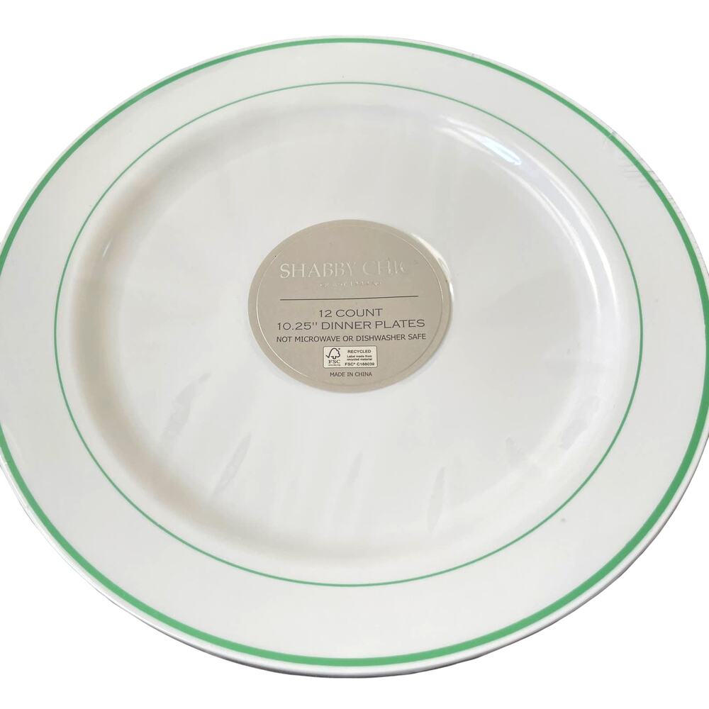 12 Count SHABBY CHIC Summer Green White 10.25" Disposable Dinner Plates NEW